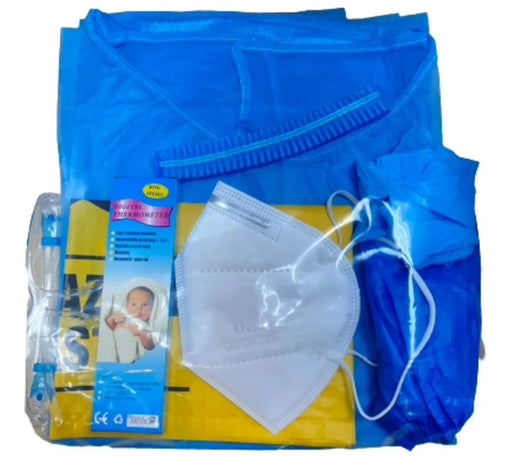 Complete Set of Covid-19 PPE Kit Content  Biohazard Yellow Disposable Bags: 1 pcs Shoe Cover : 1 pair Hair Net: 1 pc Disposable Blue Isolation Gown: 1 pc N95 mask: 1 pc Blue Nitrile Gloves: 1 Pair Face Shield with head strap and cushioning: 1 pc Zip Lock Bag: 1 pcs Picture is for illustration purpose, contents are subjected to change